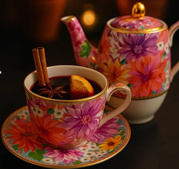 Colourful teapot and tea cup of mulled wine