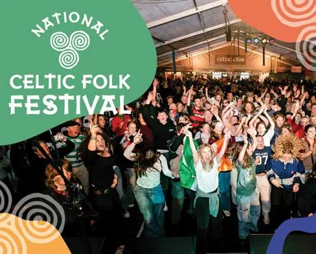 National Celtic Folk Festival flyer with crowds cheering