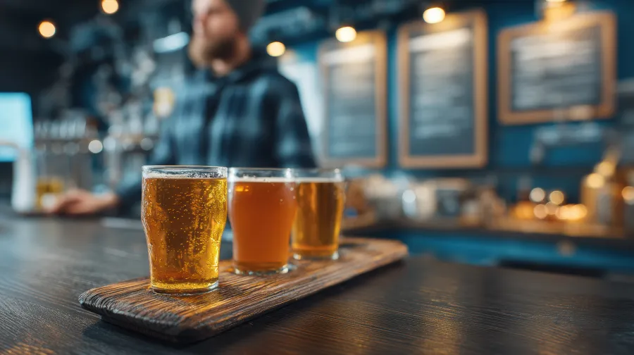 A close-up shot of a beer flight with three small tasting glasses filled with different shades of amber and golden craft beer on a rustic wooden paddle. The flight sits on a dark bar counter. In the blurry background, a bartender in a plaid shirt stands before a blue wall featuring framed chalk menus under warm lighting. Option 2: Concise (Best for Stand