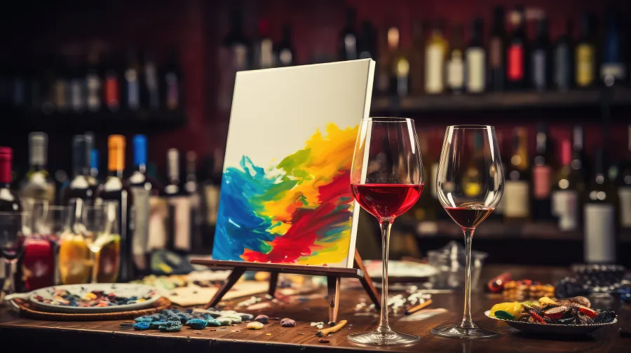 An abstract colorful painting on an easel next to two glasses of red wine at a paint and sip event in a wine bar.