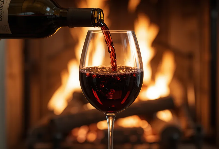 Red wine being poured from a bottle into a large wine glass, creating small bubbles on the surface. The background features a cozy, warmly lit fireplace with glowing logs and soft-focus flames.