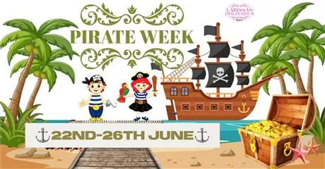 Image of Pirate Week and a ship with treasure chest