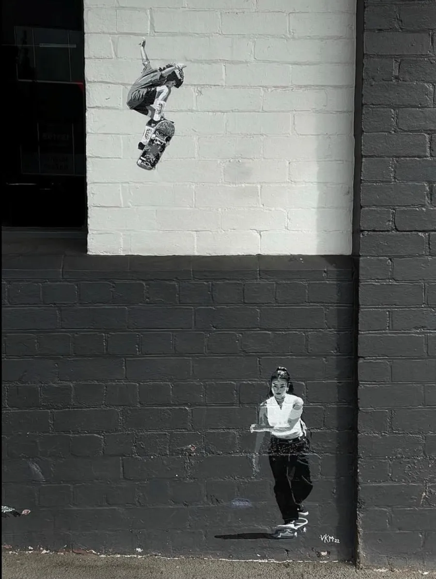 Stencil artwork of Woman and Child Skating - VKM