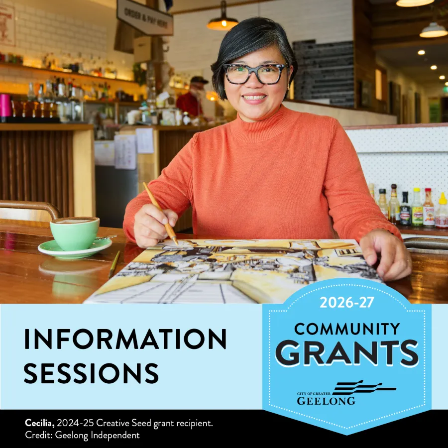 2026-27 Community Grants Information Session Female with dark hair wearing glasses and orange jumper, drawing in a cafe