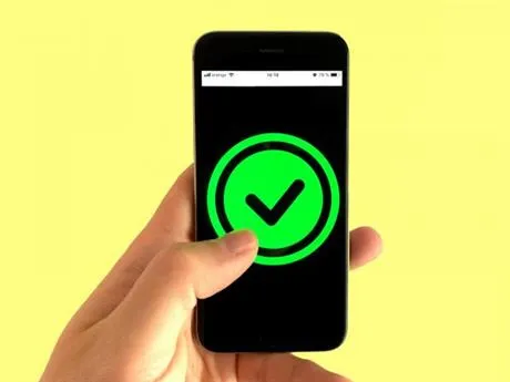 Hand holding a mobile phone with a green tick on the screen
