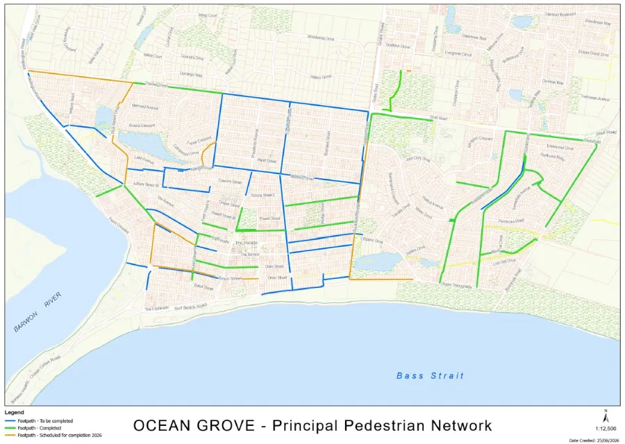 Map indicating footpaths completed in green