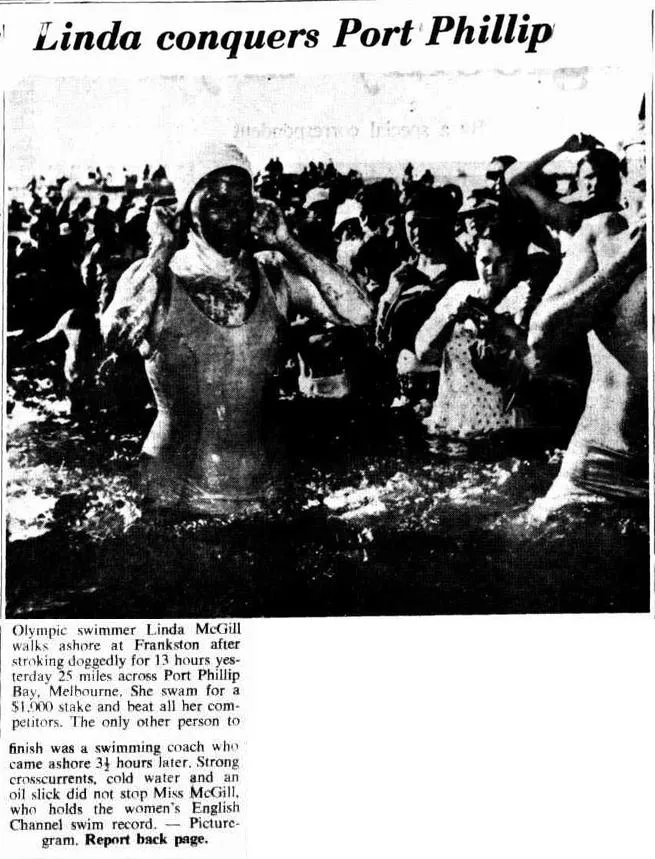 Newspaper article with black and white photo of woman in water with well wishers behind her