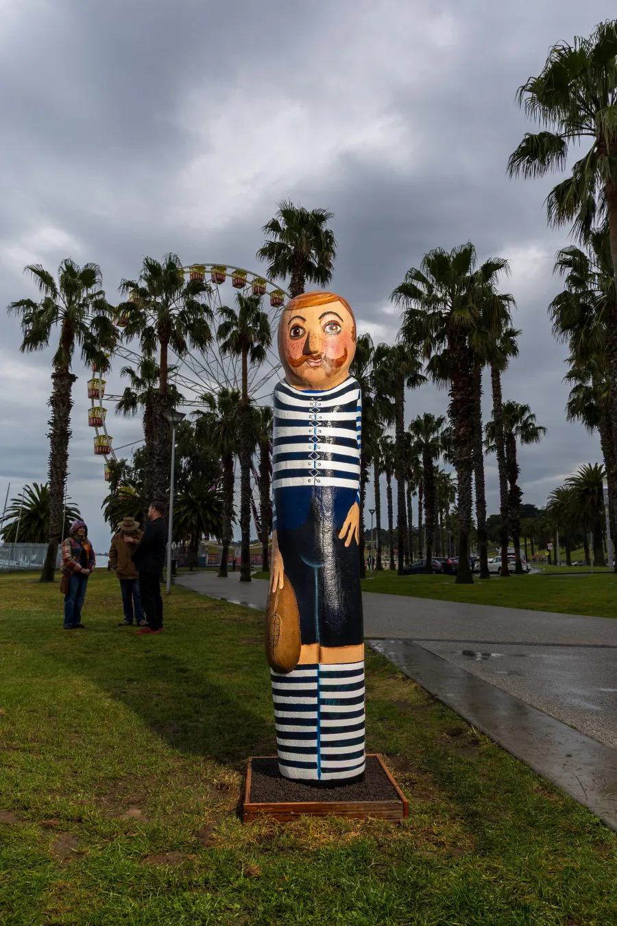The new fibrelass composite prototype of Jan Mitchell's original Early Geelong Footballer bollard is on display at the waterfront