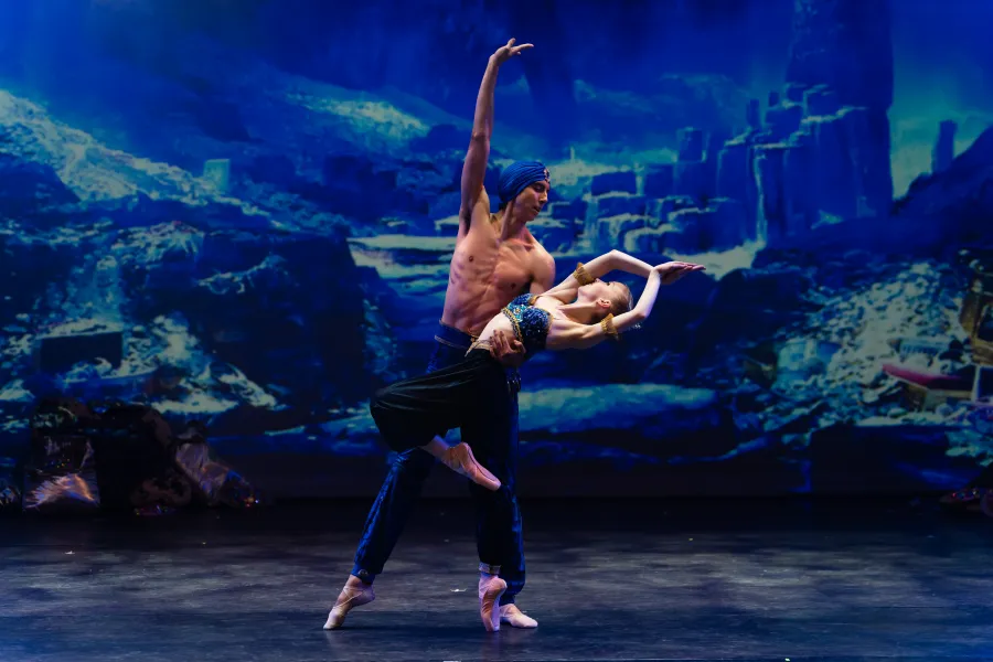 Two ballerinas from Victorian State Ballet performing on stage.