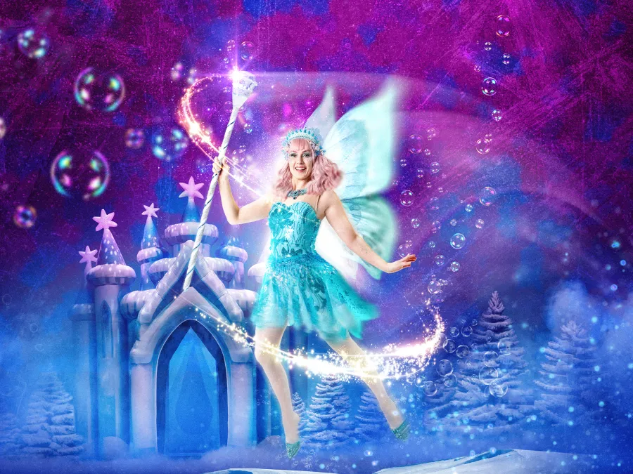 The Snow Fairy posing casting a spell with her a wand in front of castle.