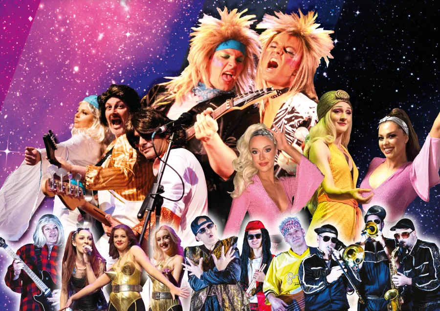 Performers from The 70s80s90s Show posing in costume in front of sparkly pink background.