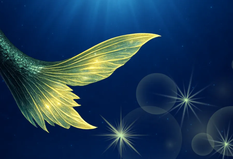 An image of the end of a mermaid tail swimming through the ocean.
