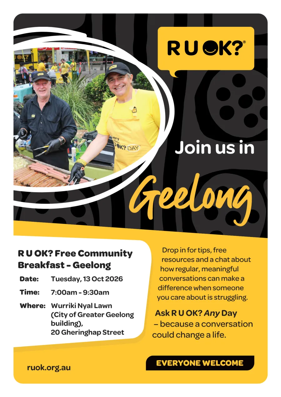 R U OK? Free Community Breakfast - Geelong Event Poster