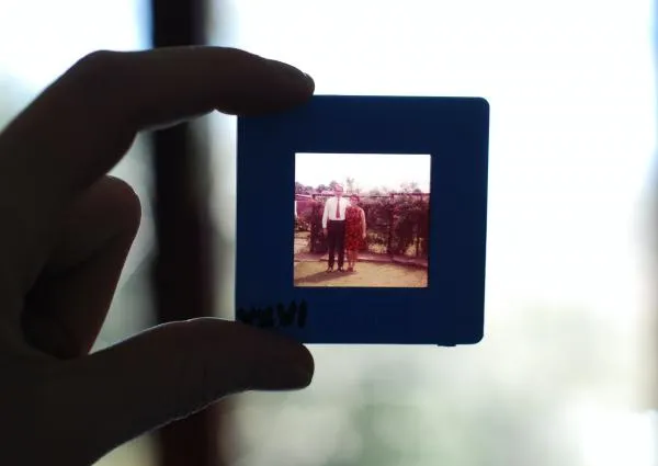 Image of a hand holding a slide up to the light