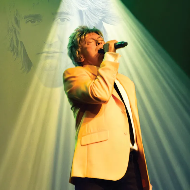 Shaun J. Marshall as Rod Stewart performing on stage.
