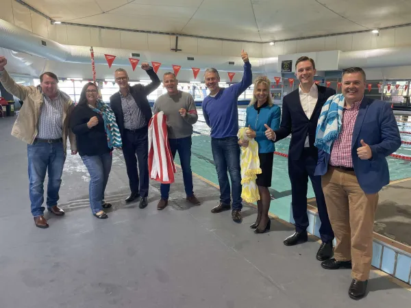 Cr Ron Nelson, Cr Kylie Grzybek, CEO Martin Cutter, Cr Peter Murrihy, Cr Bruce Harwood, Mayor Stephanie Asher, Deputy Mayor Trent Sullivan and Cr Anthony Aitken at Waterworld - site of the future Northern Aquatic and Community Hub.