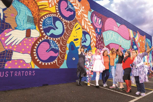 Geelong Illustrators Street Art - L-R Rachel Bishop, Clare Holder, Sam Harvey, Cecilia Cabalquinto, Alison O'Connor, Terri Pollock, Benett Hernandez, Belinda Bellavista.