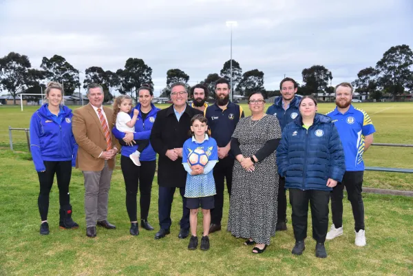 L to R - Stephanie McDonald, Cr Anthony Aitken, Hazel Brewer, Adele Casey, Member for Lara John Eren, Jason Heywood, Dylan Pyle (with ball), President Rhys Brewer, Cr Kylie Grzybek, Tyler Friswell, Nadia Roberts, Matthew Burgess.