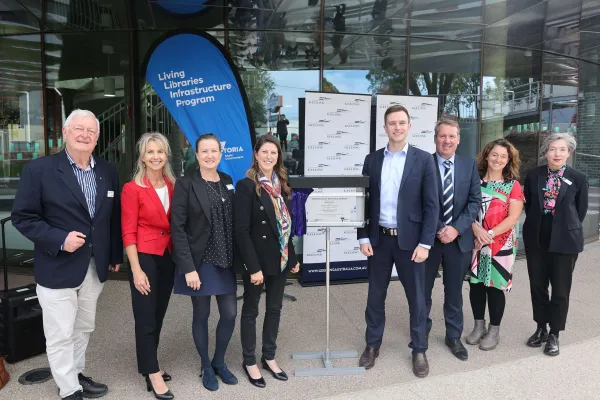 L-R: Greater Geelong councillors Jim Mason, Stephanie Asher and Melissa Cadwell, Alison Marchant MP, Greater Geelong Mayor Trent Sullivan, GRLC Chair Cr Ron Nelson, Surf Coast Mayor Liz Pattison, GRLC CEO Vanessa Schernickau.