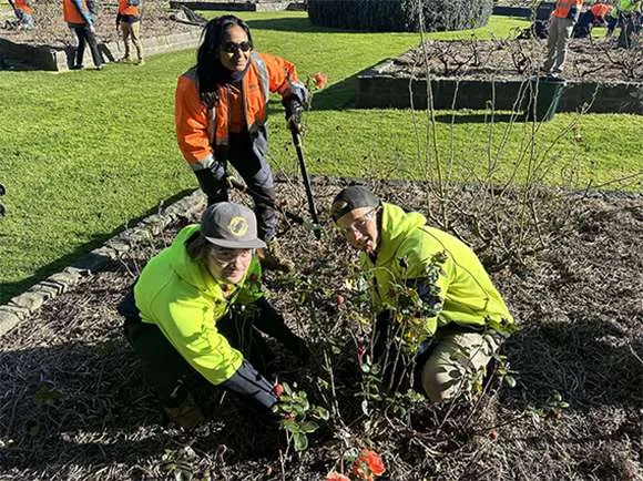Gordon students Tom Stokes and Tom O'Neill with City staff member Tash Devapura