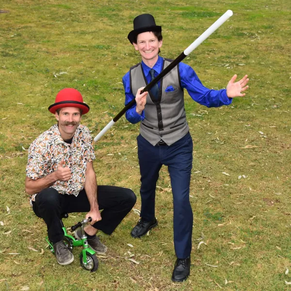 Dazzling Dan the Magic Man (right) and Bebop Circus with "Nicholas Ridiculous' will be among a raft of entertainers when Kids Funfest launches Children's Week 2023 at Leopold's Memorial Park on Monday 23 October.