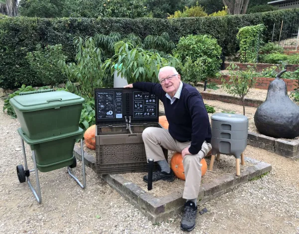 Cr Jim Mason OAM at the composting site in Geelong Botanic Gardens