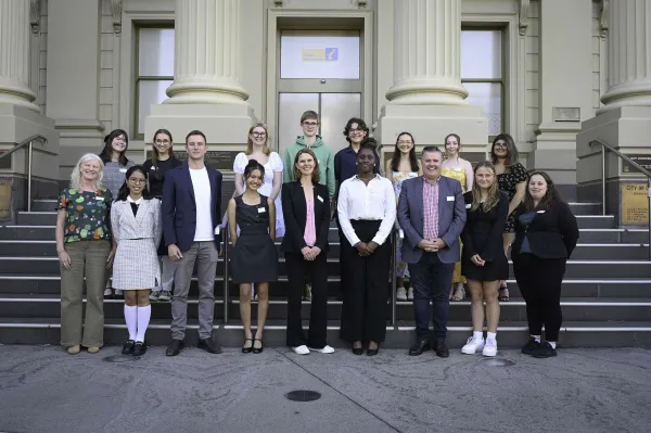Cr Elise Wilkinson, Mayor Trent Sullivan, Greater Geelong CEO Ali Wastie, Deputy Mayor Anthony Aitken, Cr Sarah Hathway and 2024 Youth Council members