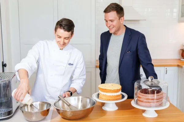 Owner and Chief Cake Maker at Zuckerhaus Nick Roberts with Greater Geelong Mayor Trent Sullivan