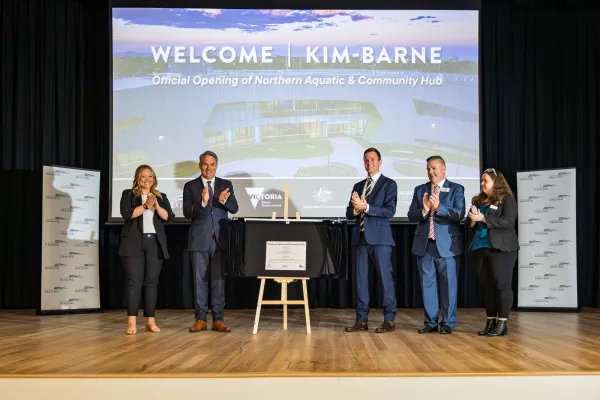 L-R: Ella George, Richard Marles, Trent Sullivan, Anthony Aitken and Sarah Hathway officially open the Northern Aquatic and Community Hub.
