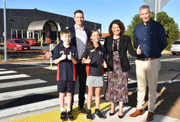 Trent Sullivan (back left) with Libby Coker, Grovedale Primary School acting principal Graham Byworth and students Charlie and Jasmine.