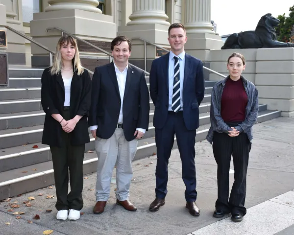 Greater Geelong Mayor Trent Sullivan with Geelong Youth Parliament team members (L to R) Phoebe, Daniel and Angelle.