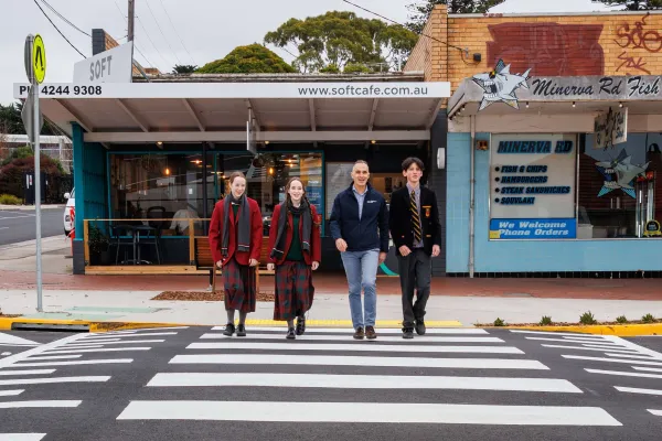 Cr Eddy Kontelj with Ava, Chloe and Kirby at a new wombat crossing on Minvera Road, Herne Hill
