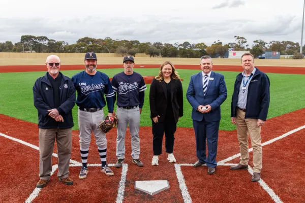 Club President Peter Kelly, Chairman - Baseball Jarrod Fraim, Treasurer - Baseball Stuart Forbes, Ella George MP, Deputy Mayor Anthony Aitken, City of Greater Geelong Acting CEO Anthony Basford