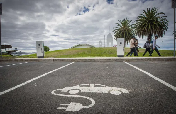 Two electric vehicle charging stations on the Geelong Waterfront at Western Beach Road, along the Cunningham Pier forecourt precinct.