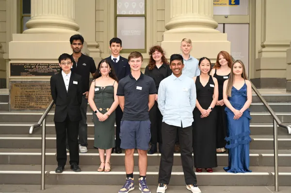 Group photo of the 11 2026 Geelong Youth Council members in front of City Hall