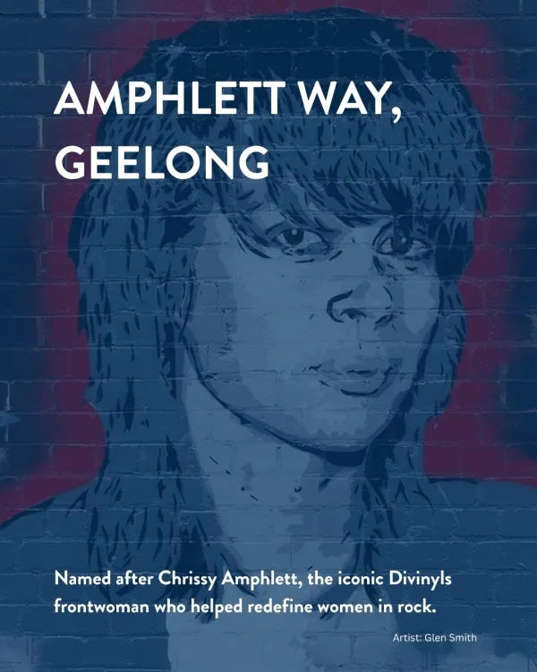 Mural of singer Chrissy Amphlett by Glen Smith with text about Amphlett Way, Belmont