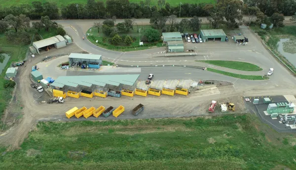 Drysdale Resource Recovery Centre Aerial view of a resource recovery centre, with collection bins in the centre surrounded by drive through drop off bays.