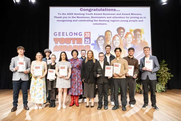 Geelong Youth Award winners with Councillor Emma Sinclair and Ella George Member of Parliament