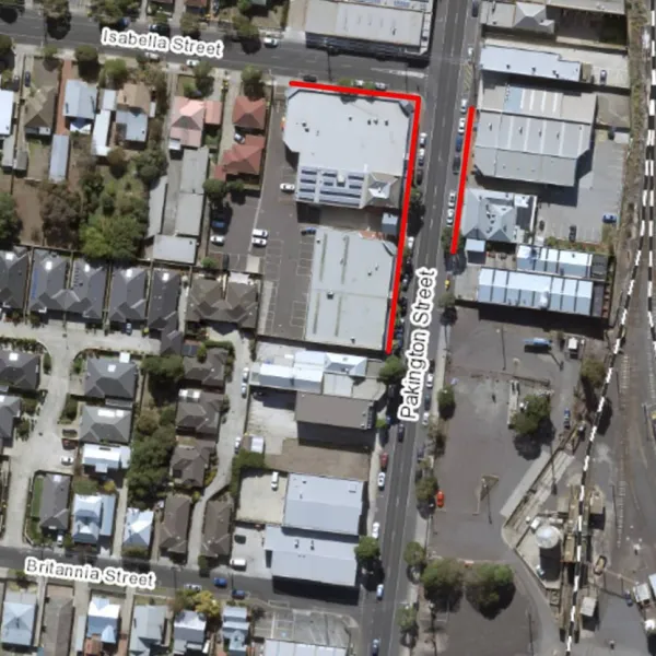 Image showing the section of footpath to be replaced between Isabella Street and Britannia Street (including existing brick paving at Isabella Street)