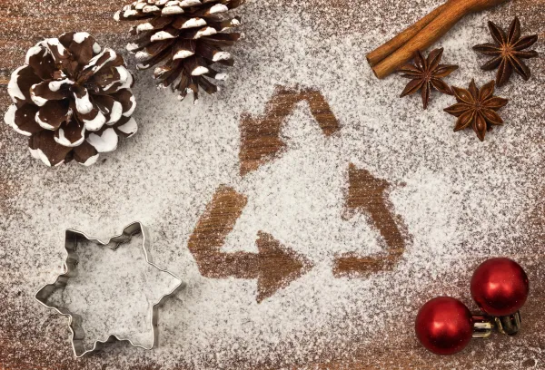 Making the most of leftover food is one way to reduce waste and save money An arrangement of pinecones, christmas baubles and cookie cutters. A sprinkling of white frosting forms a recycling symbol in the centre.