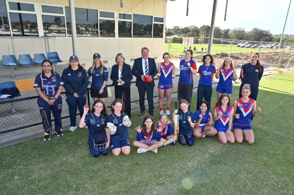 Member for Western Victoria Gayle Tierney and Barrabool Hills Ward Councillor Ron Nelson with members of the South Barwon Football Netball Club and the Highton Cricket Club at McDonald Reserve