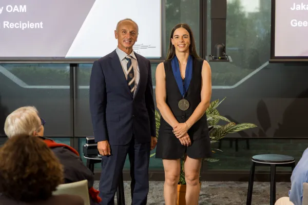 Mayor Stretch Kontelj OAM presents Jakara Anthony OAM with the Geelong Medal