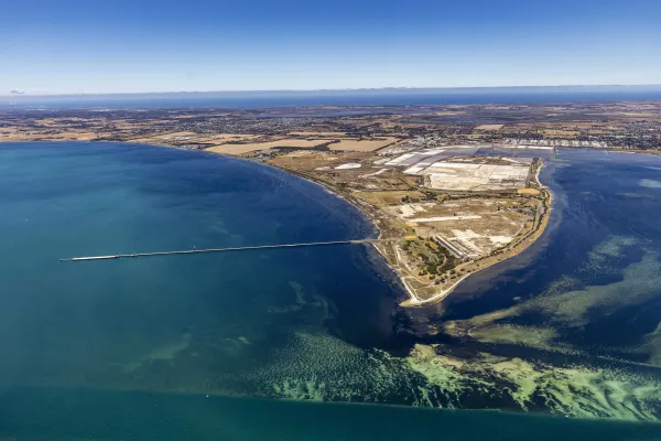 Aerial view of the the old Point Henry Smelter and surrounding bay
