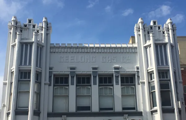 Geelong Gas Company Grey ornate facade with columns left and right of the building