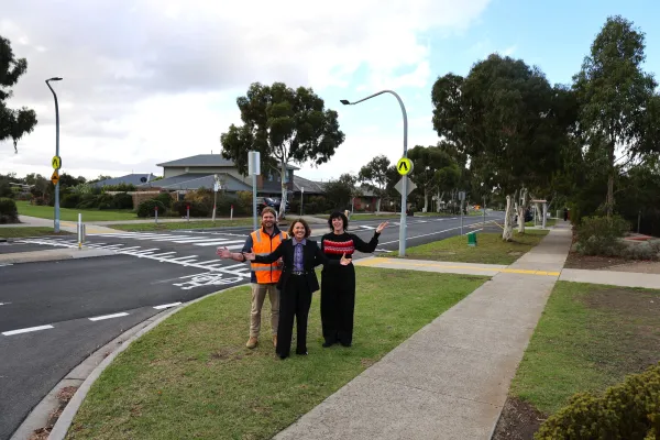 Federal member for Corangamite Libby Coker is standing with Charlemont Ward Councillor Emma Sinclair and Project Delivery Officer Stephen Jacimovic at Warralily Boulevard.