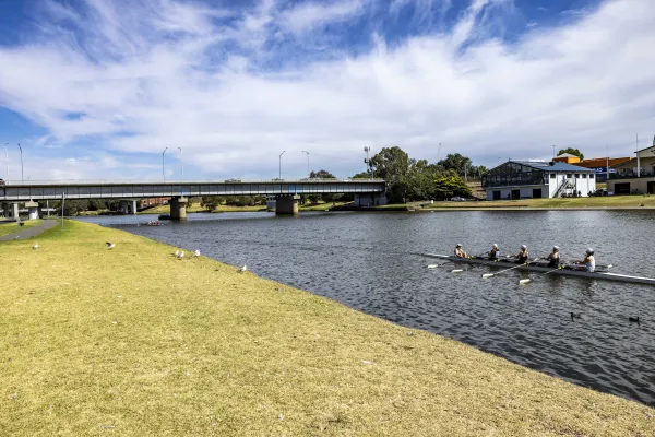 Rowers on the Barwon River near the Moorabool Street Bridge