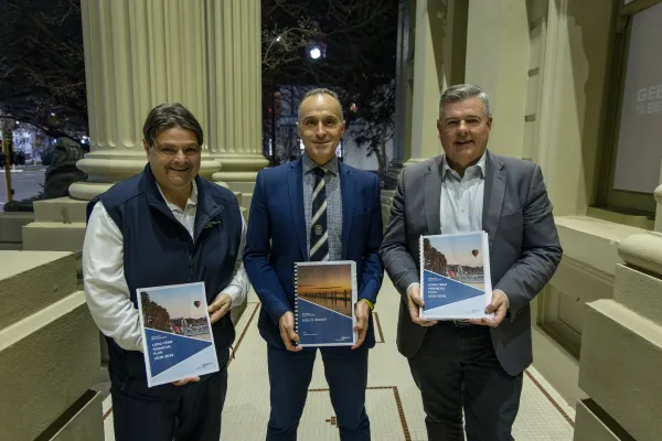 Deputy Mayor Eddy Kontelj (centre) with Finance Portfolio Chair Cr Andrew Katos (left) and Deputy Finance Portfolio Chair Cr Anthony Aitken following the adoption of the budget