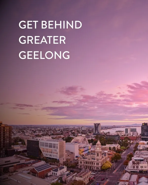 get behind greater geelong aerial view of central geelong with a pink and purple sunset