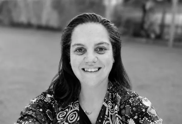 Black and white image of First Nations artist Tracey Pocock
