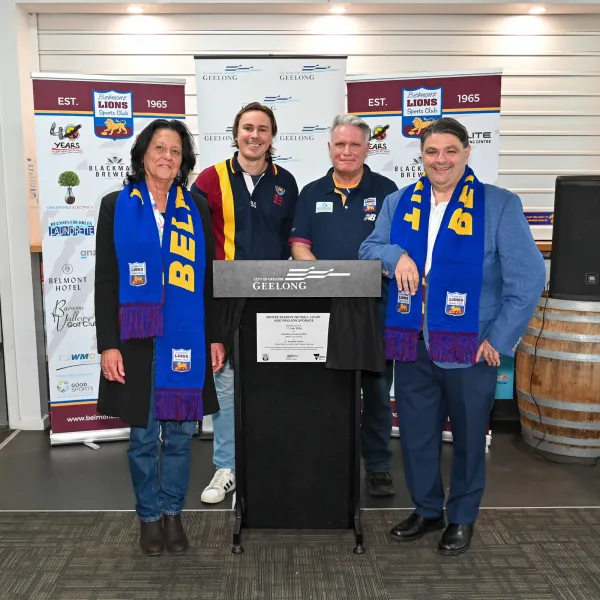 Member for Geelong Christine Couzens MP, East Belmont Cricket Club President Tom Scannell, Belmont Lions SC Co-Vice President Tyrell Hill, and Cr Andrew Katos